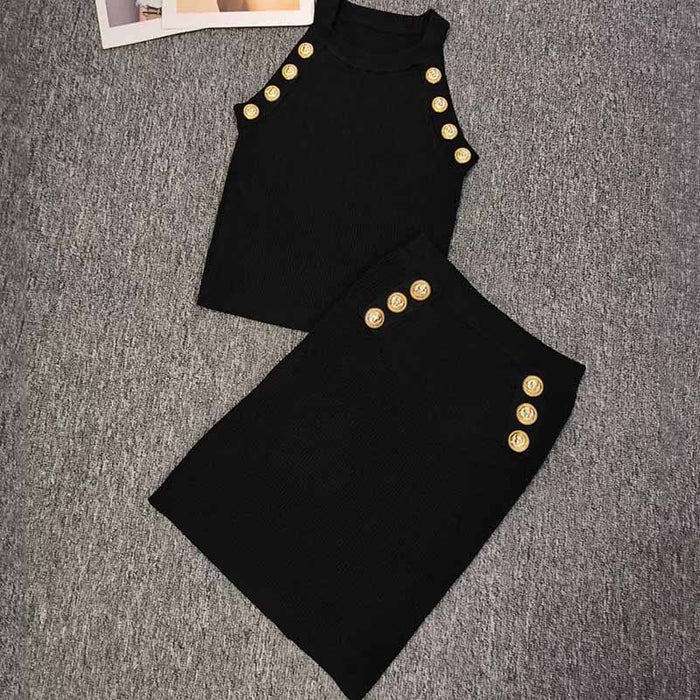 Women's Sleeveless Two Piece Mini Knitted Skirt Suit