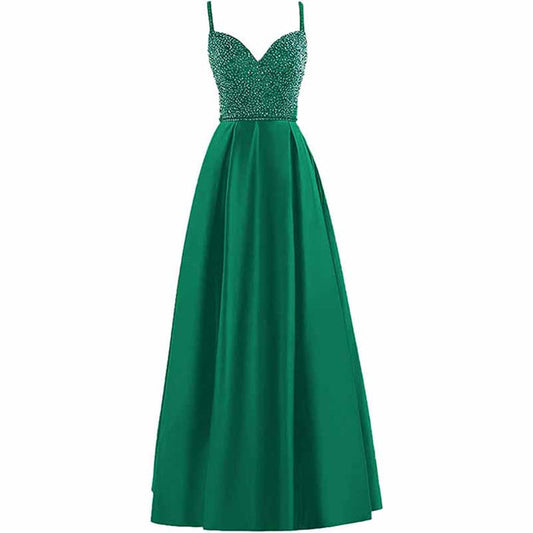 Women's Spaghetti Strap Backless Satin Prom Beads Cocktail Party Maxi Long Dress