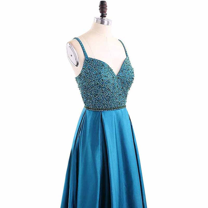 Women's Spaghetti Strap Backless Satin Prom Beads Cocktail Party Maxi Long Dress