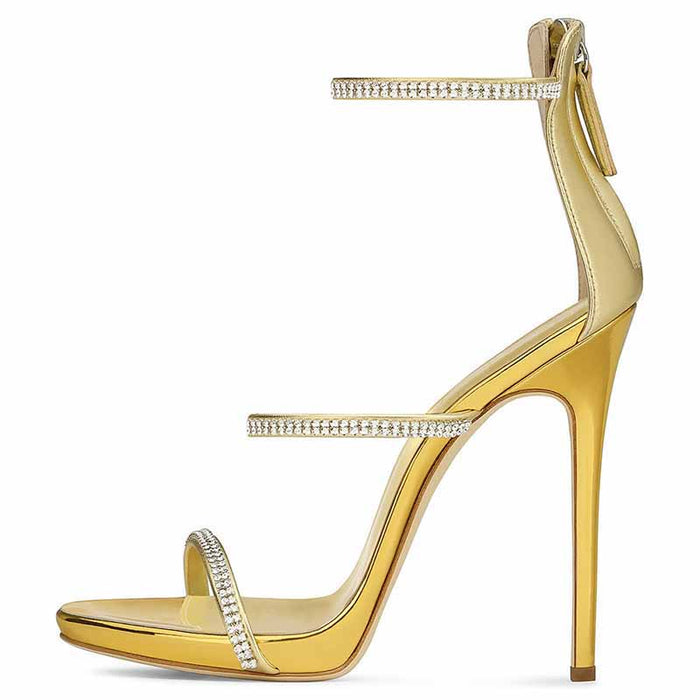 Women's Strappy Pointy Open Toe Ankle Strap Rhinestone Stiletto