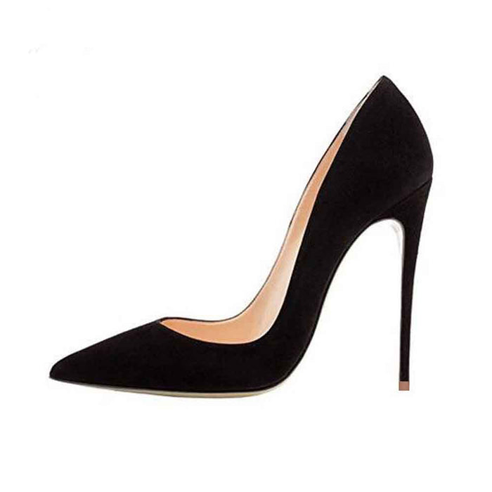 Elegant women's suede high heel pumps in black with a pointed toe design