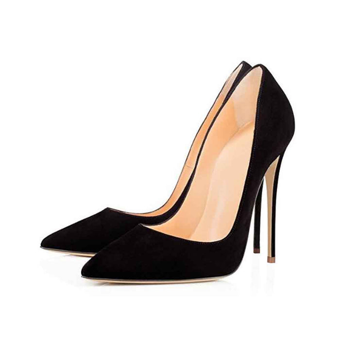 Women's suede high heel pumps in black with a sleek pointed toe design