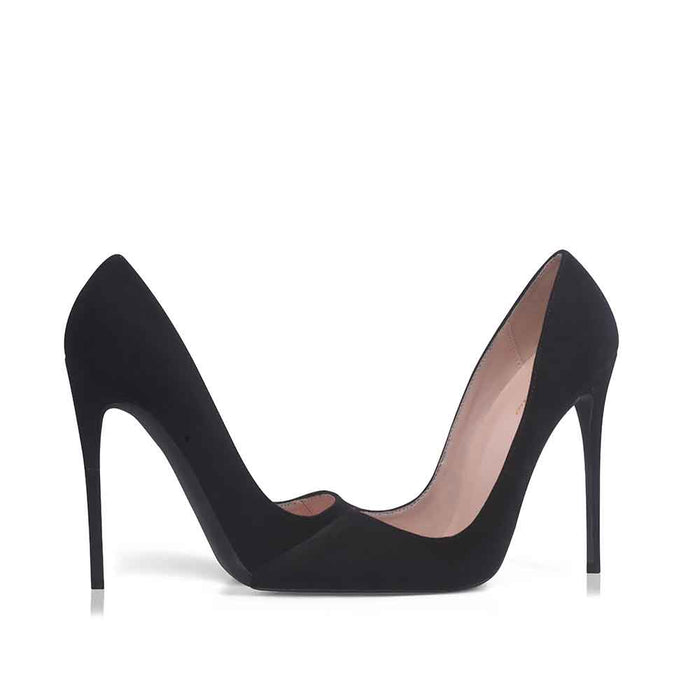 Women's suede high heel pumps in sleek black design with a pointed toe and high stiletto heel