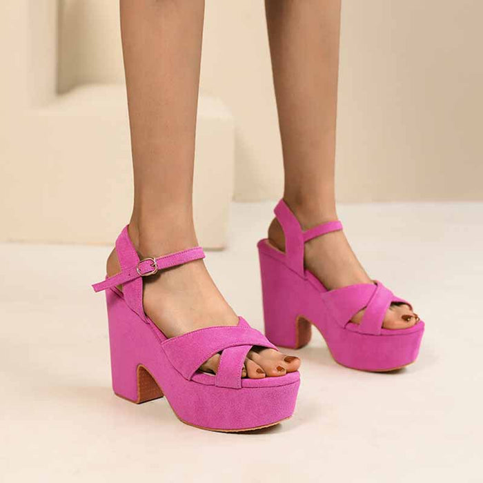 Women's Suede Platform Heels Sandals Wedge Chunky Heels Shoes