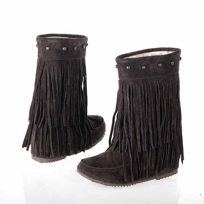 Women's Tassel Bootie Fringe Hidden Wedge Heel Ankle Boots