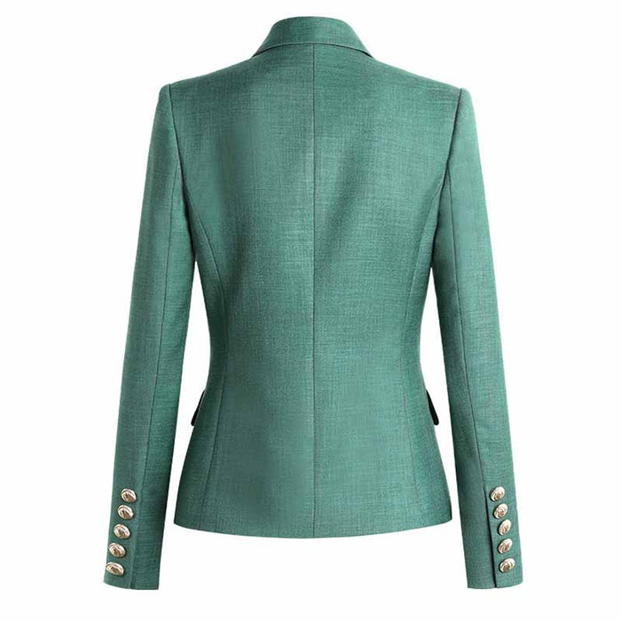 Women's Teal Green Textured Luxury Fitted Double Breasted Blazer with Lion Buttons - SLIM FIT