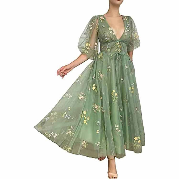 Women's Tulle Prom Dress formal Flower Embroidery Evening Party Gowns
