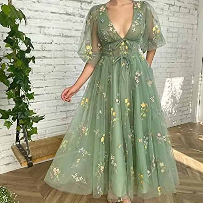 Women's Tulle Prom Dress formal Flower Embroidery Evening Party Gowns