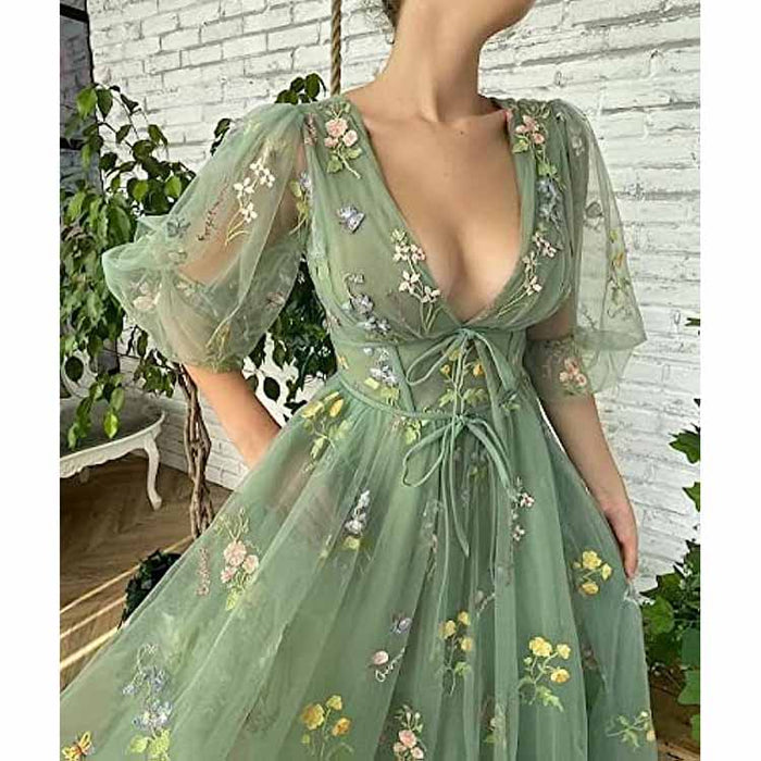 Women's Tulle Prom Dress formal Flower Embroidery Evening Party Gowns