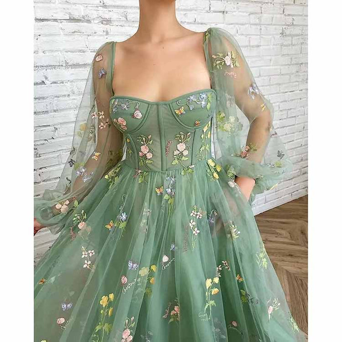 Women's Tulle Prom Dress formal Flower Embroidery Evening Party Gowns