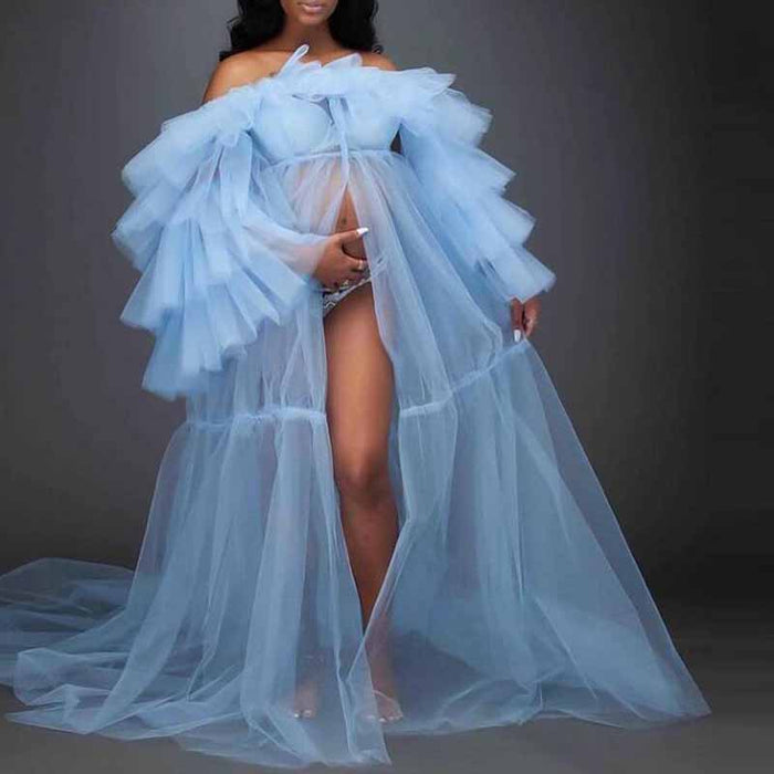 Women's Tulle Robe for Materinty Off-the-shoulder Long Sleeves Sweep