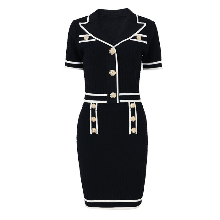Womens Two Pieces Suit Short-Sleeve Knit V Neck Shirt + Knit Mini Skirt Set