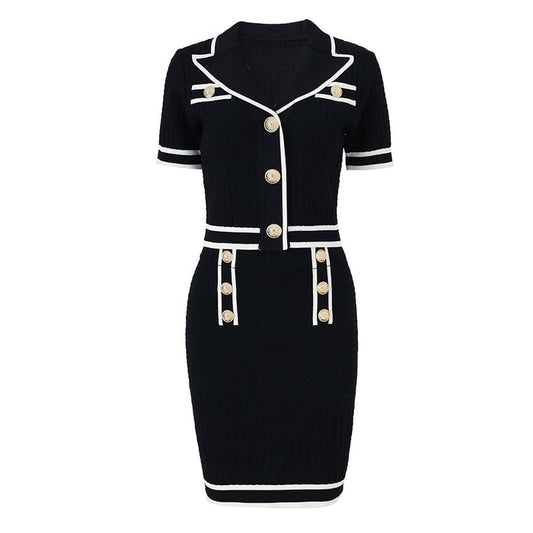 Womens Two Pieces Suit Short-Sleeve Knit V Neck Shirt + Knit Mini Skirt Set