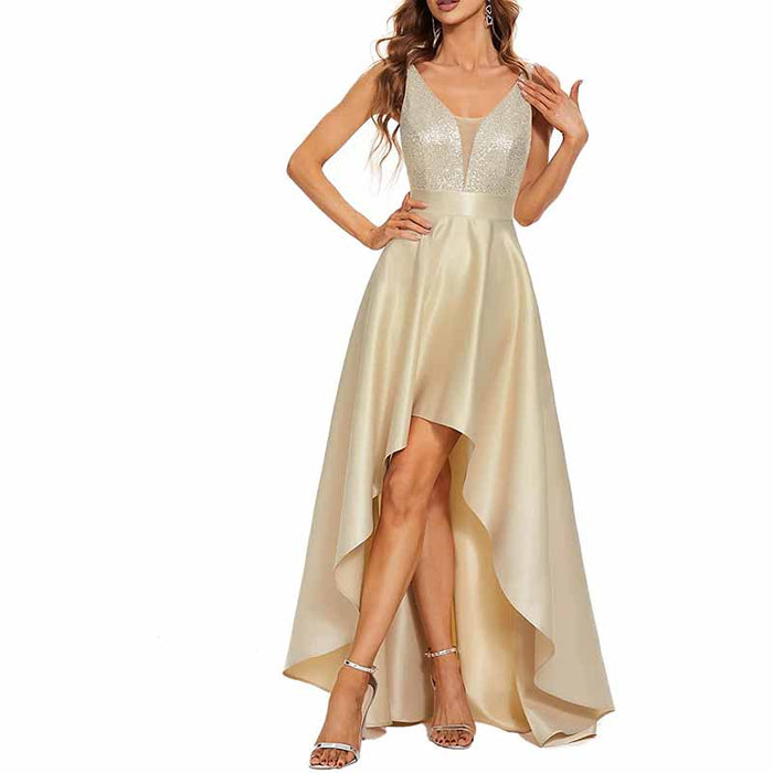 Women's V-Neck A-line High-Low Party Dress Long Evening Dress Bridesmaid Dress