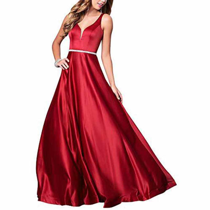 Women's V neck Satin Prom Dresses Sleeveless Formal Party Gowns Bridesmaid Dress