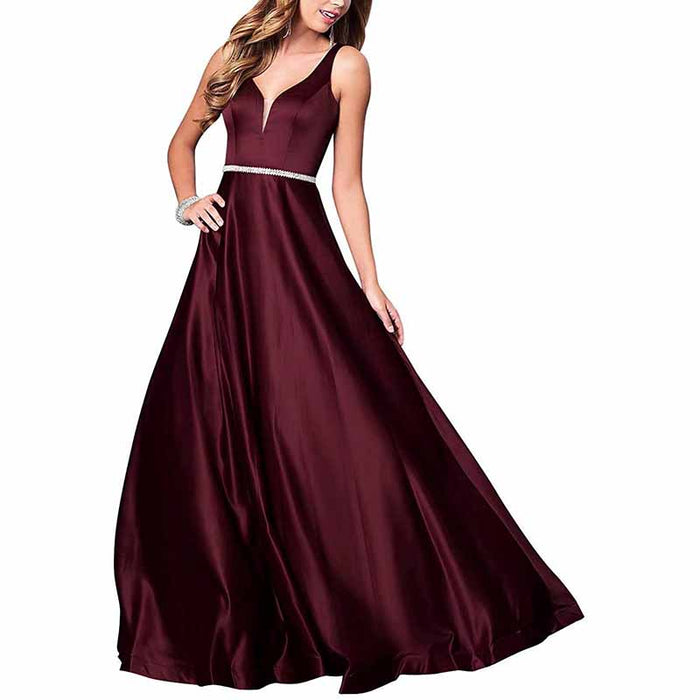 Women's V neck Satin Prom Dresses Sleeveless Formal Party Gowns Bridesmaid Dress