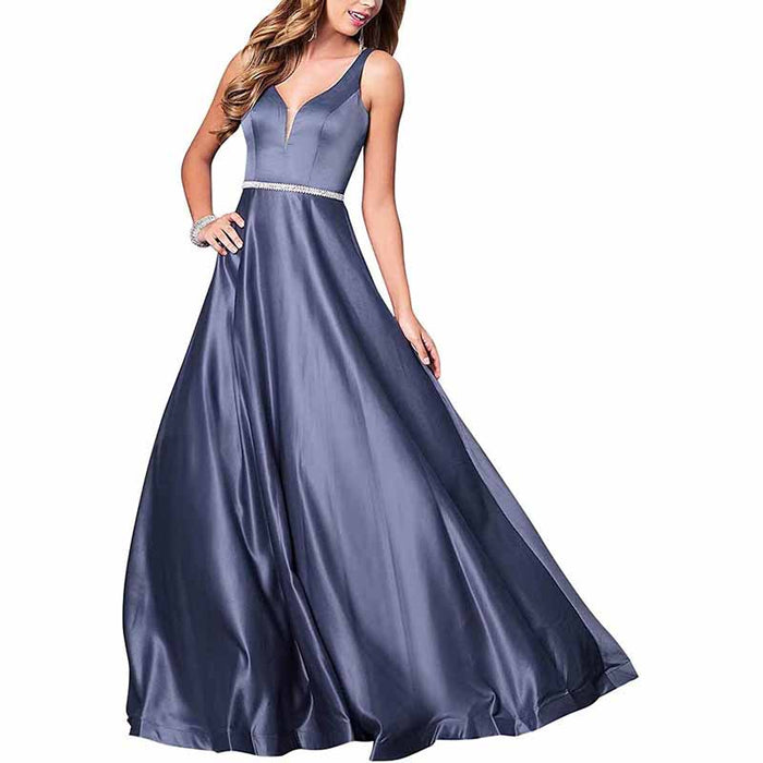 Women's V neck Satin Prom Dresses Sleeveless Formal Party Gowns Bridesmaid Dress