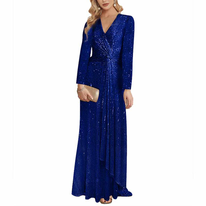Womens V Neck Sequin Evening Formal Dress Long Sleeves Maxi Plus Size Prom Dress