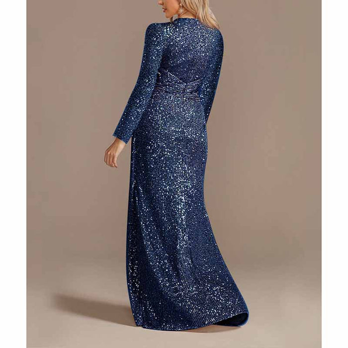 Womens V Neck Sequin Evening Formal Dress Long Sleeves Maxi Plus Size Prom Dress