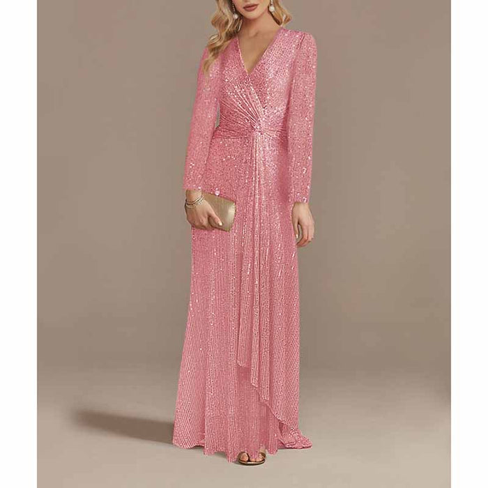 Womens V Neck Sequin Evening Formal Dress Long Sleeves Maxi Plus Size Prom Dress