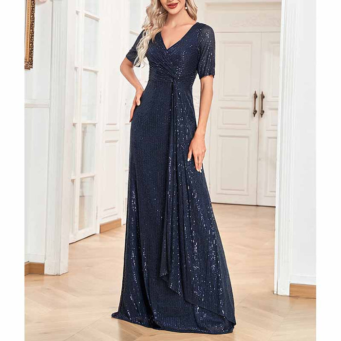 Womens V Neck Sequin Evening Formal Dress Short Sleeves Maxi Plus Size Prom Dress