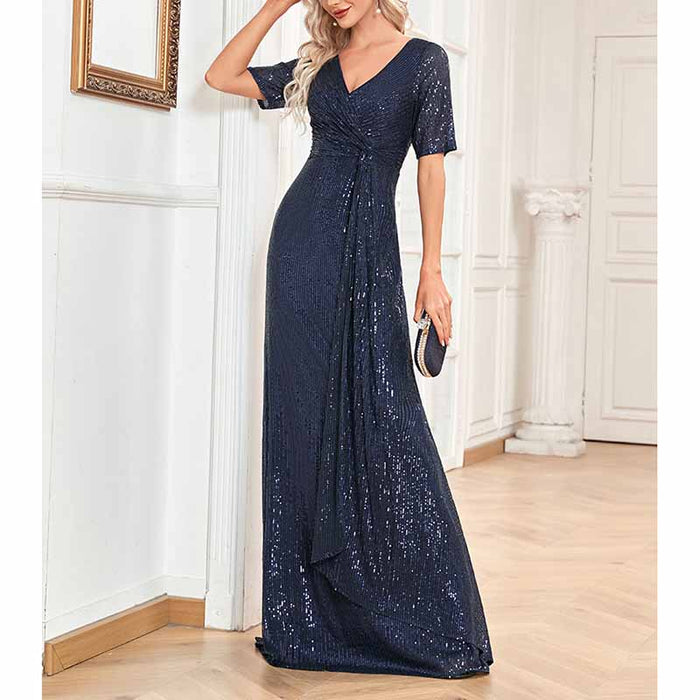 Womens V Neck Sequin Evening Formal Dress Short Sleeves Maxi Plus Size Prom Dress