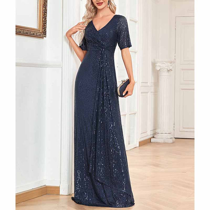 Womens V Neck Sequin Evening Formal Dress Short Sleeves Maxi Plus Size Prom Dress