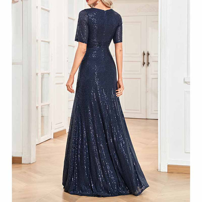 Womens V Neck Sequin Evening Formal Dress Short Sleeves Maxi Plus Size Prom Dress