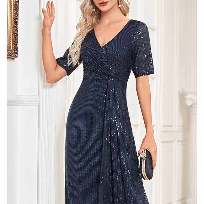 Womens V Neck Sequin Evening Formal Dress Short Sleeves Maxi Plus Size Prom Dress