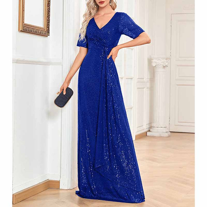 Womens V Neck Sequin Evening Formal Dress Short Sleeves Maxi Plus Size Prom Dress