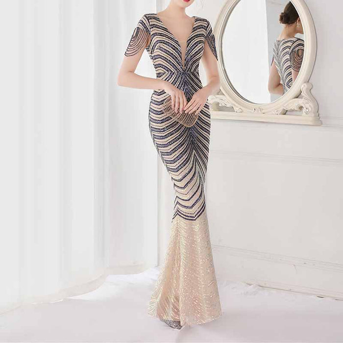 Women's V Neck Sequins Mermaid Gown Long Prom Evening Party Dress S-4XL