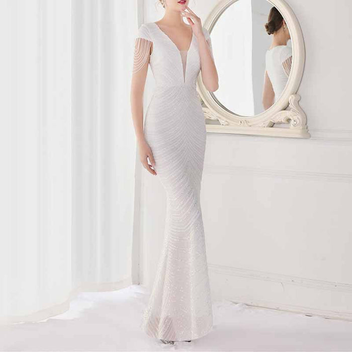 Women's V Neck Sequins Mermaid Gown Long Prom Evening Party Dress S-4XL