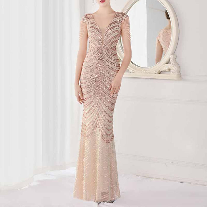 Women's V Neck Sequins Mermaid Gown Long Prom Evening Party Dress S-4XL