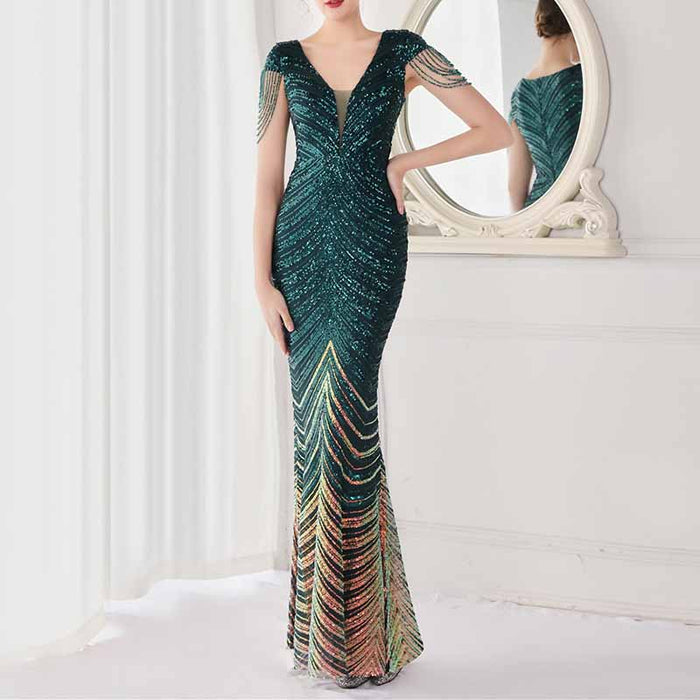 Women's V Neck Sequins Mermaid Gown Long Prom Evening Party Dress S-4XL
