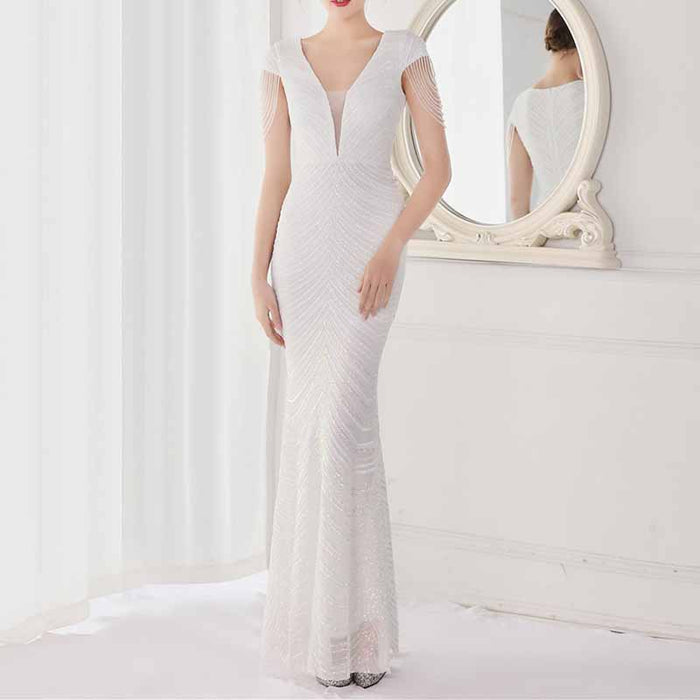 Women's V Neck Sequins Mermaid Gown Long Prom Evening Party Dress S-4XL