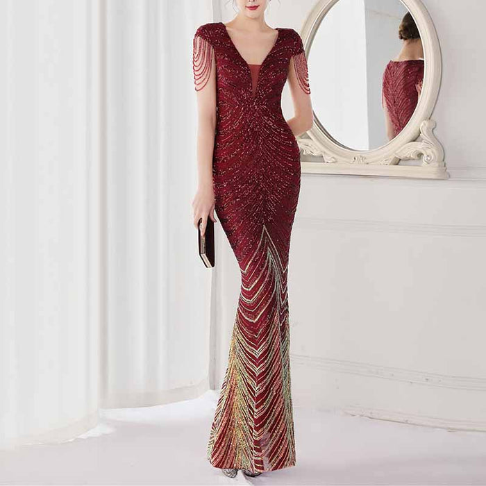 Women's V Neck Sequins Mermaid Gown Long Prom Evening Party Dress S-4XL
