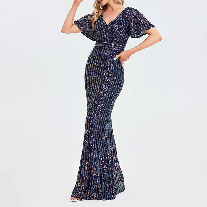Women's V-Neck Short Sleeve Prom Sequin Wedding Party Evening Dress