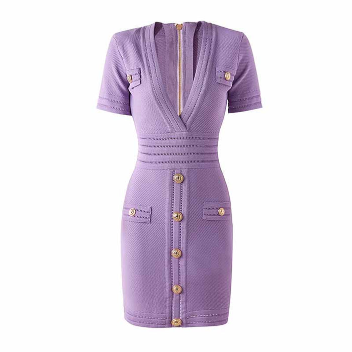 Women's V Neck Sweater Dress Short Sleves Violet Knitted Bodycon Dress