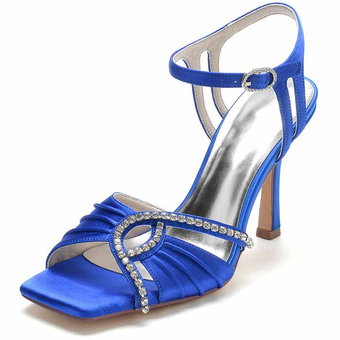 S&DCo. women's wedding ankle strap heels in blue satin with sparkling rhinestone accents