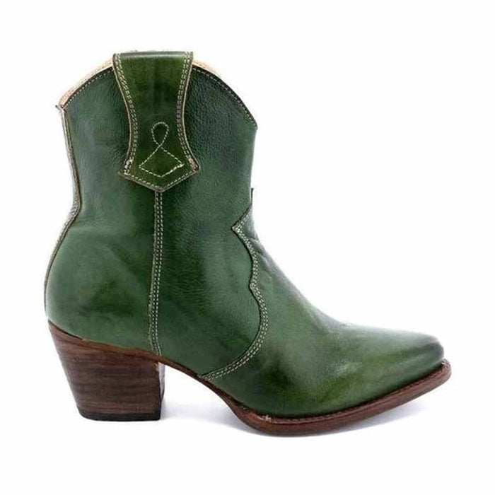 Stylish women's wedding cowboy boots in green leather with a pointed toe and sturdy heel