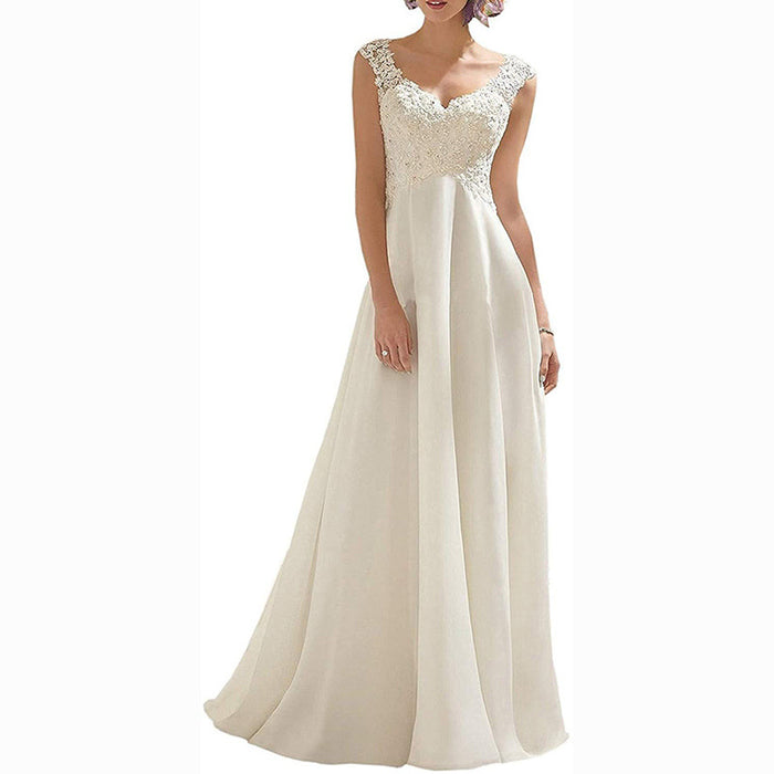 Women's Wedding Dress Lace Double V-Neck Sleeveless Evening Dress Long