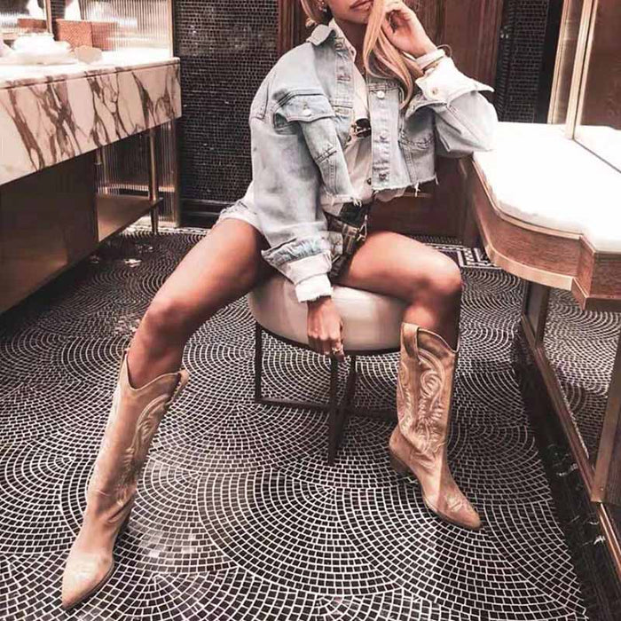 Women's Western Cowgirl Cowboy Boots Wide Square Toe Mid Calf