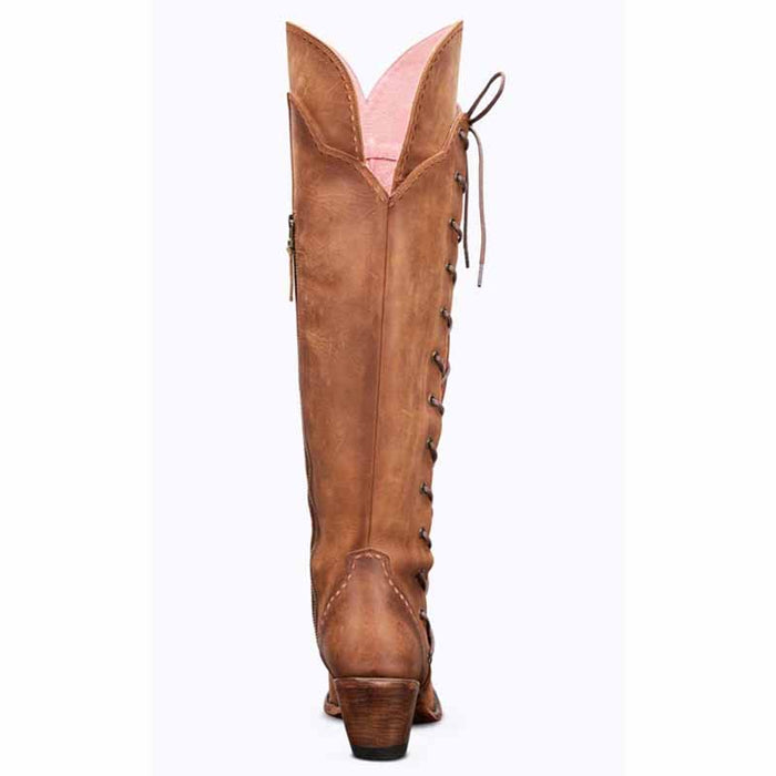 SD-HK women's western knee high boots in brown with lace-up design and back zipper for easy wear