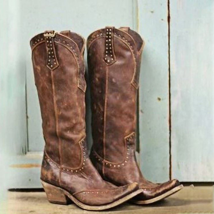 SD-HK women's western short wedding boots in distressed brown leather with decorative stitching