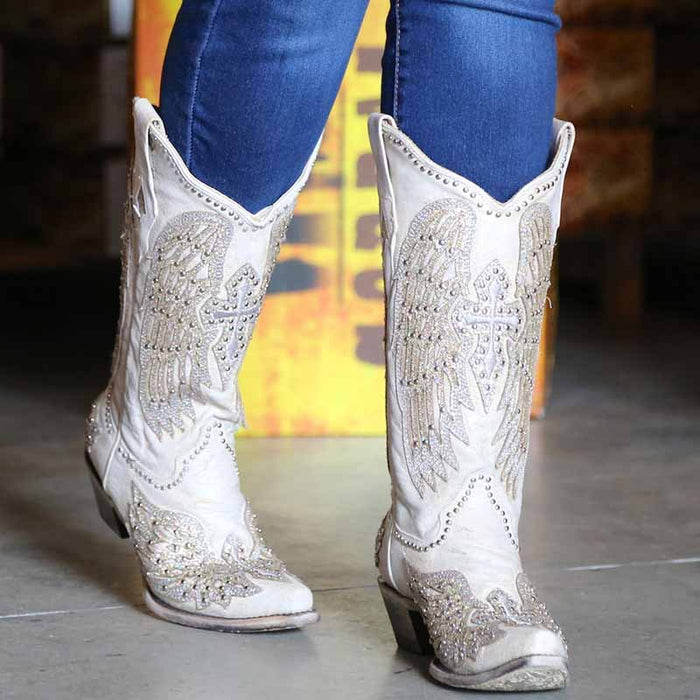 Women's white glitter wedding boots with detailed embroidery and stylish design for bridal wear