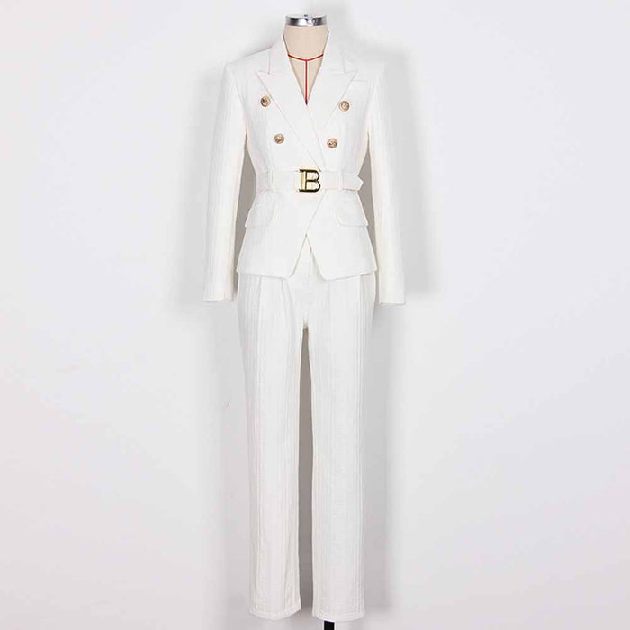 Women's White Pantsuit Gold Button Tie Belt Double Breasted Two Pieces Jacquard Suit