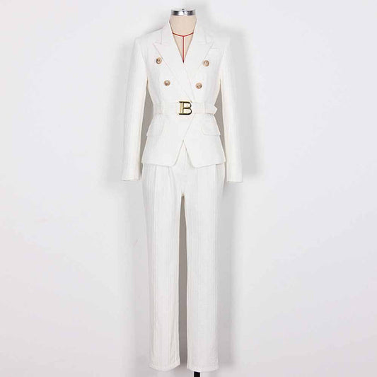Women's White Pantsuit Gold Button Tie Belt Double Breasted Two Pieces Jacquard Suit