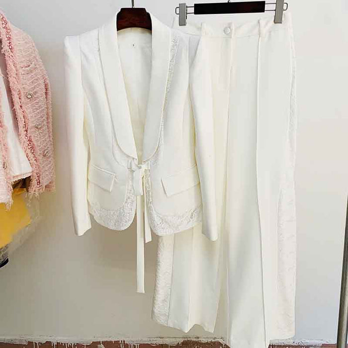 Women's White Pantsuit +High Waisted Flare Pants Suit Wedding Lace Up Suits