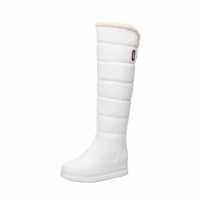 women's winter knee high boots in white with padded style and fluffy lining for warmth
