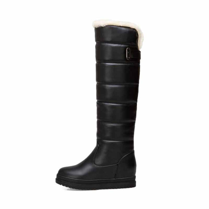 women's winter knee high boots in black with soft lining and adjustable side buckle